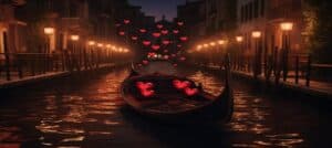A gondola floats on a canal surrounded by glowing lanterns and floating heart-shaped lights. A gondola floats on a canal surrounded by glowing lanterns and floating heart-shaped lights.